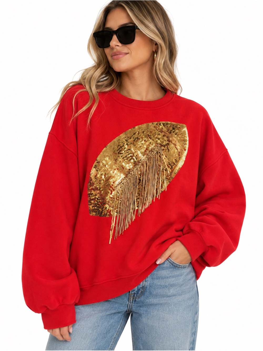 Live Love Gameday Red Gold Sequin Football Fringe Sweatshirt Size XL